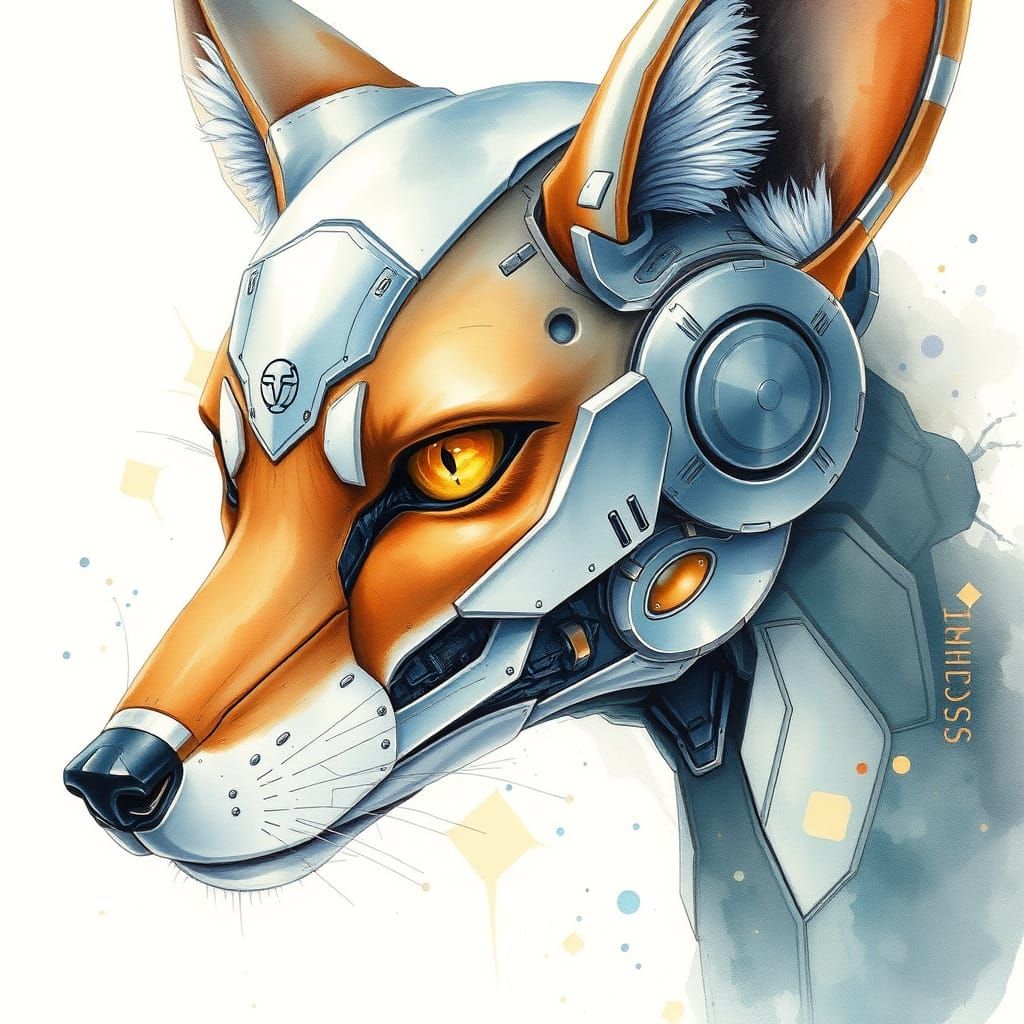 Cybernetic Fox Hybrid in Dreamlike Watercolor