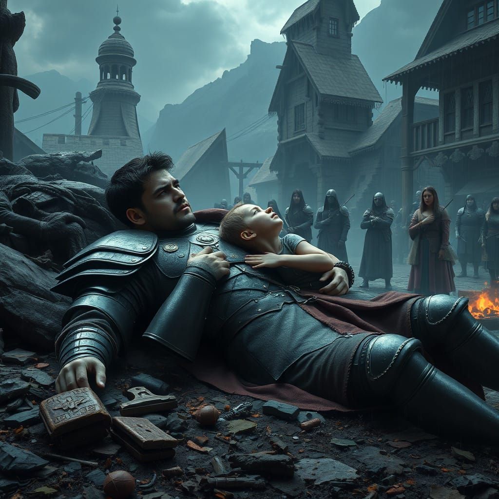 Captain's Ultimate Sacrifice in a Ruined Fantasy Landscape