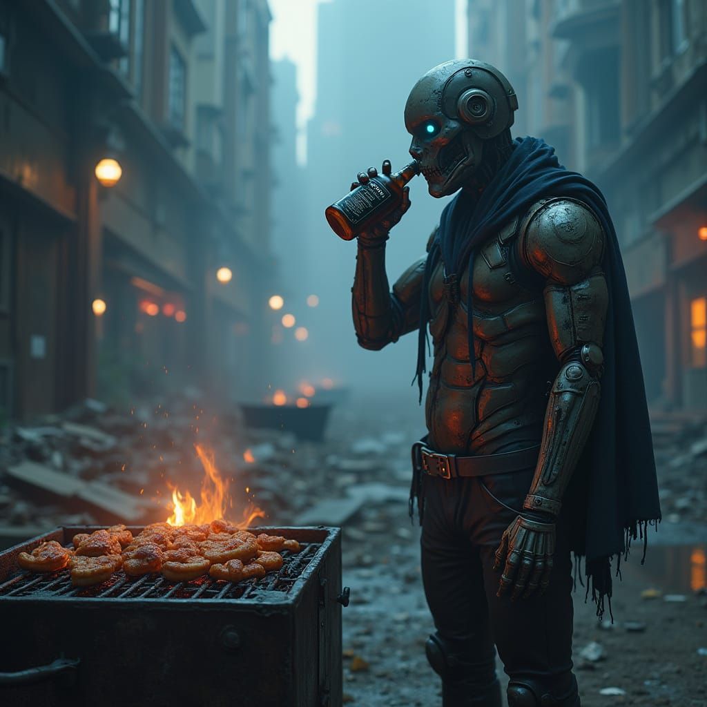 Cyberpunk Figure Grills in Ruined City, Neon Eyes Glowing