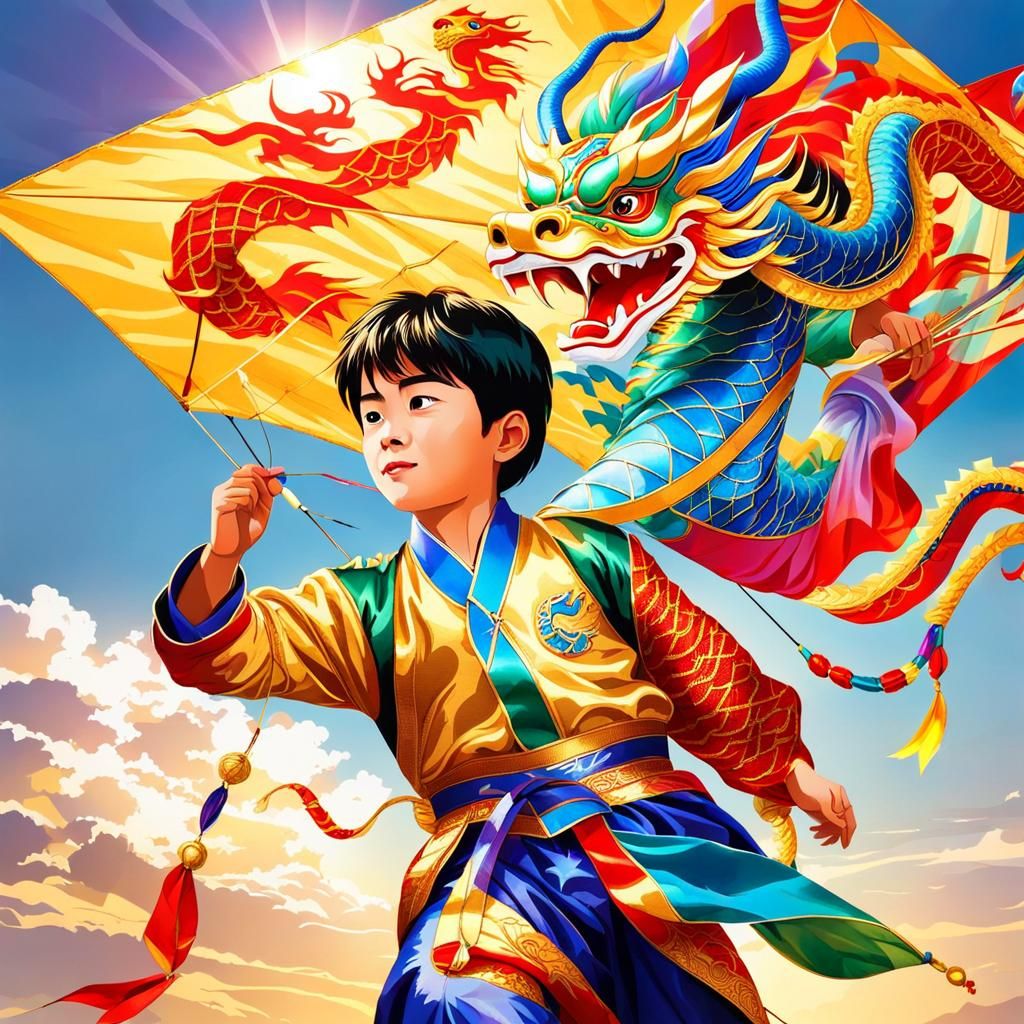 Boy with Chinese Dragon Kite in Gongbi Style