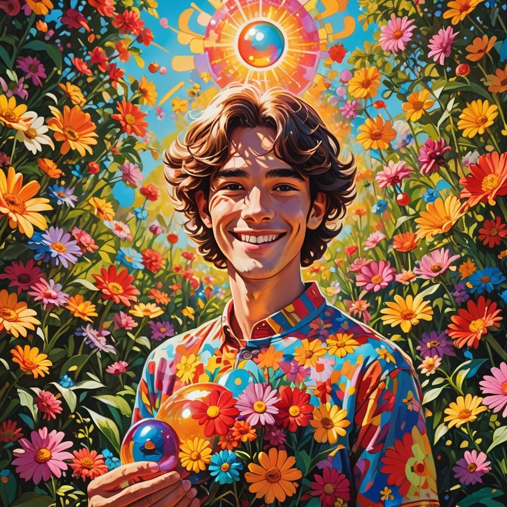 Radiant Orb in Pop Art Garden, Peter Max Style