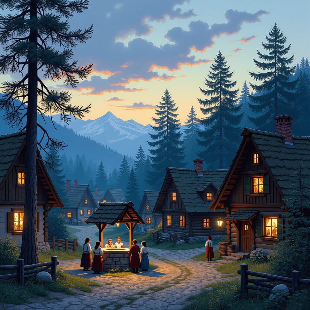 German Village at Twilight: Romantic Folk Art