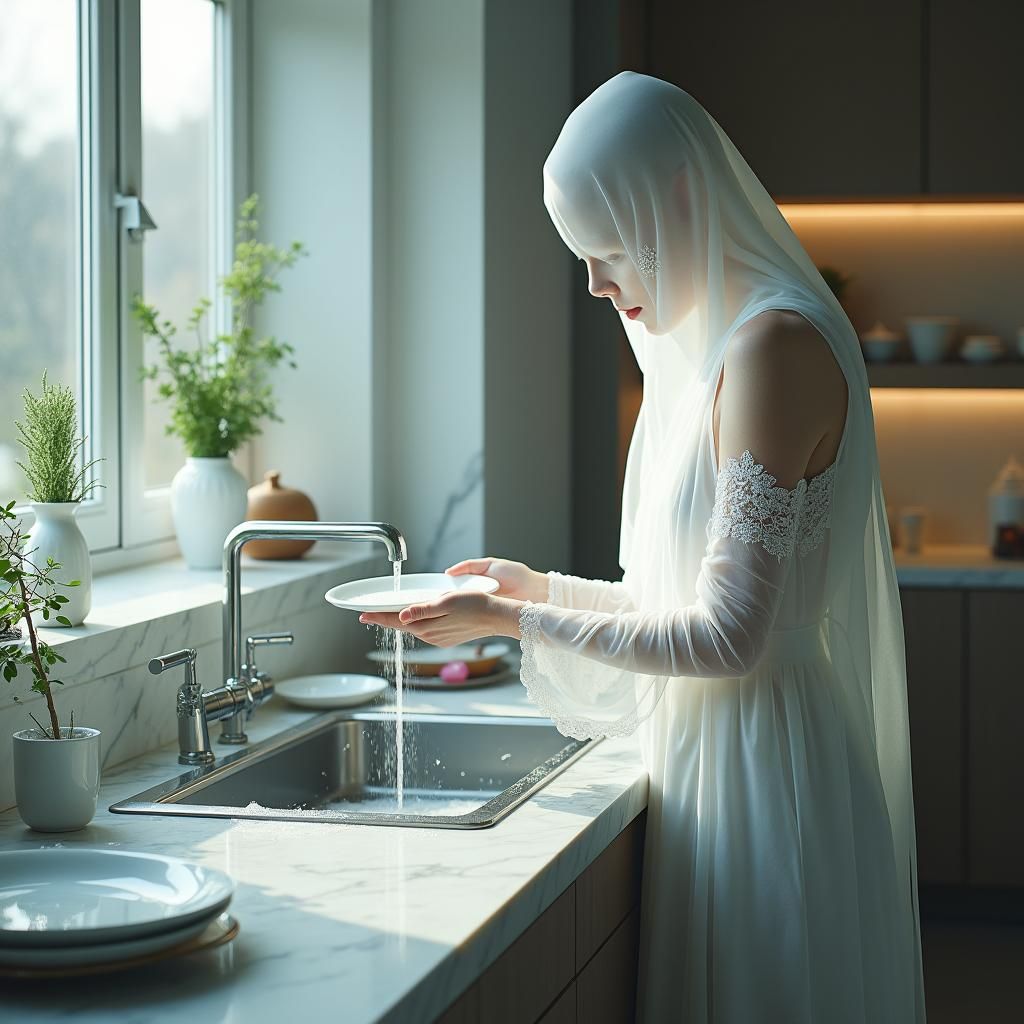 Ghostly Housekeeper in Modern Kitchen, Hyperrealistic Digita...