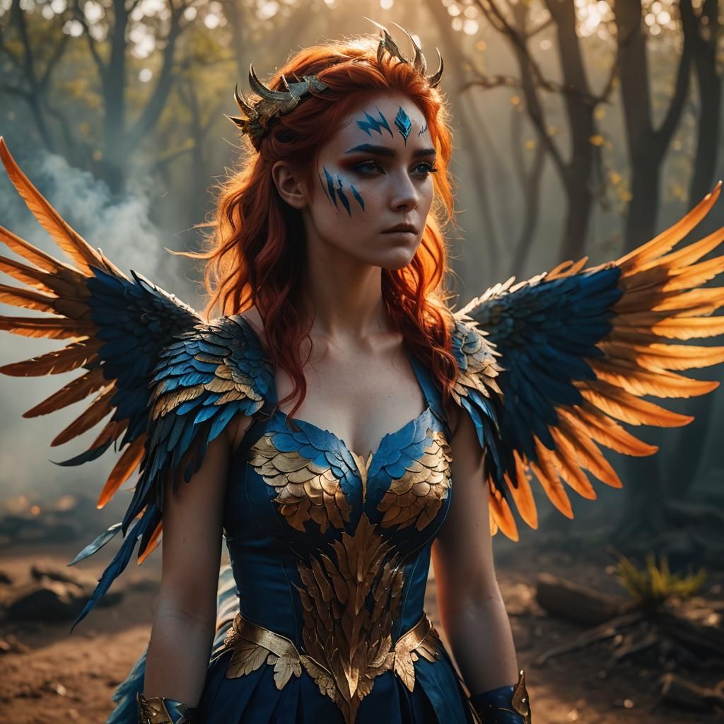 Blue-Skinned Girl with Phoenix Wings in Golden Light
