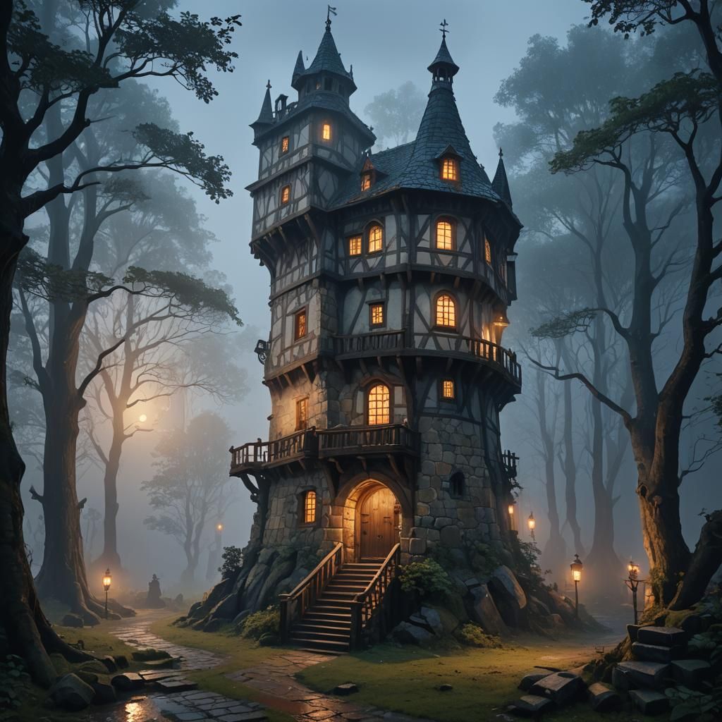 Mystical Medieval Tower in Rainy Forest: Matte Painting