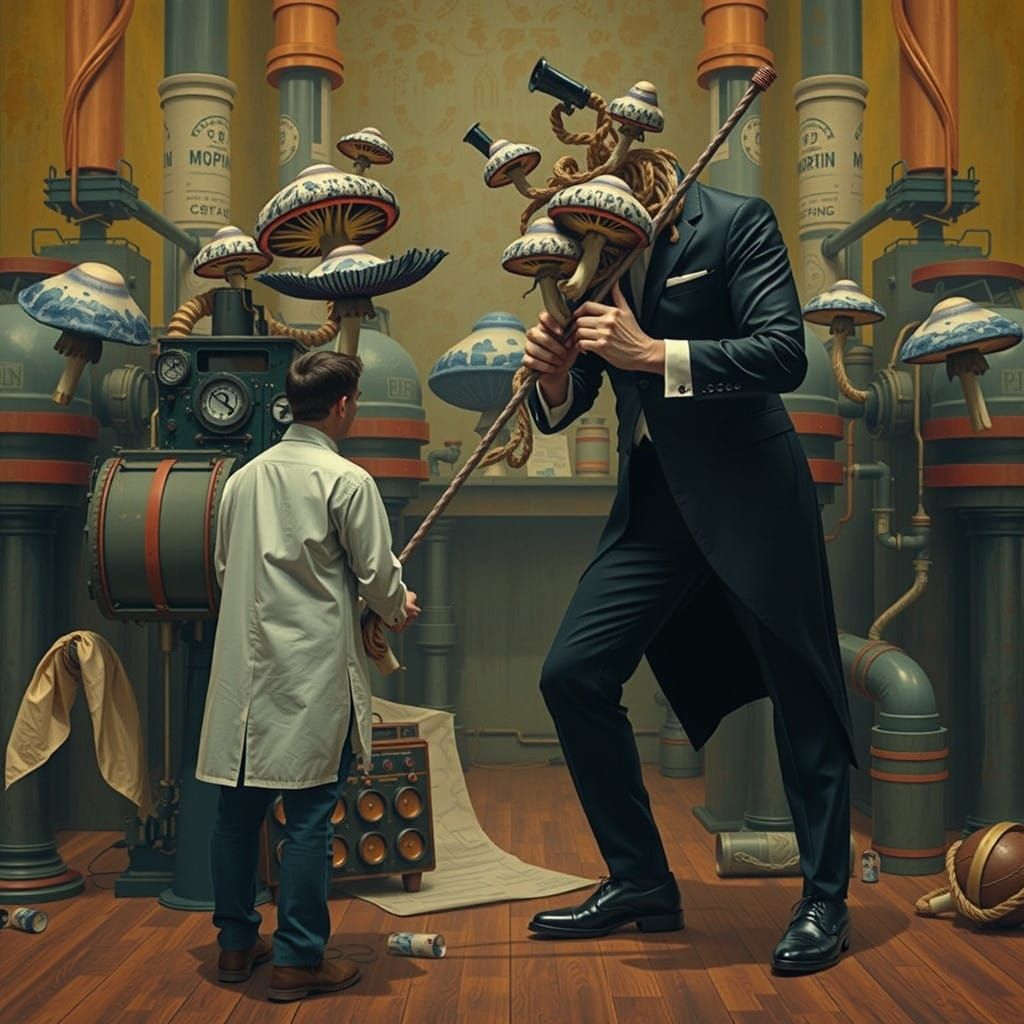 Steampunk Bureaucrat Amidst Whimsical Mushroom Flags