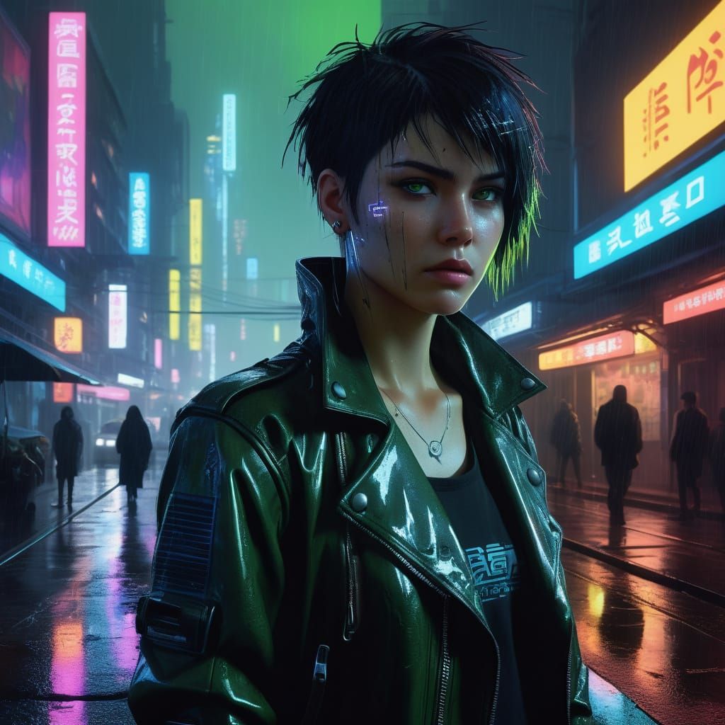 Mysterious Cyberpunk Woman in Neon-Noir Portrait