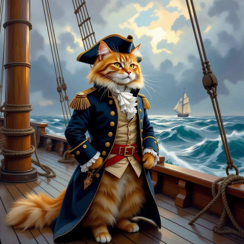 Regal Cat on Stormy Seas: A Digital Maritime Painting