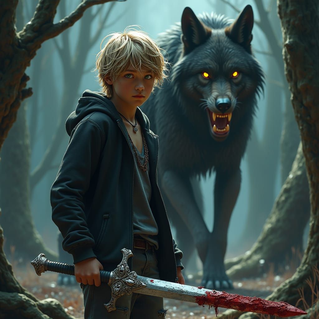 Boy with Sword Confronts Werewolf in Mystical Forest