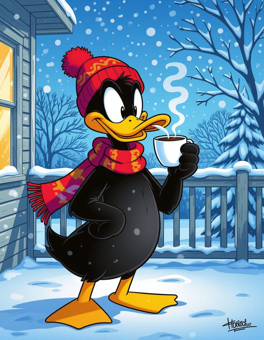 Daffy Duck Enjoys Coffee on Snowy Veranda in Comic Style