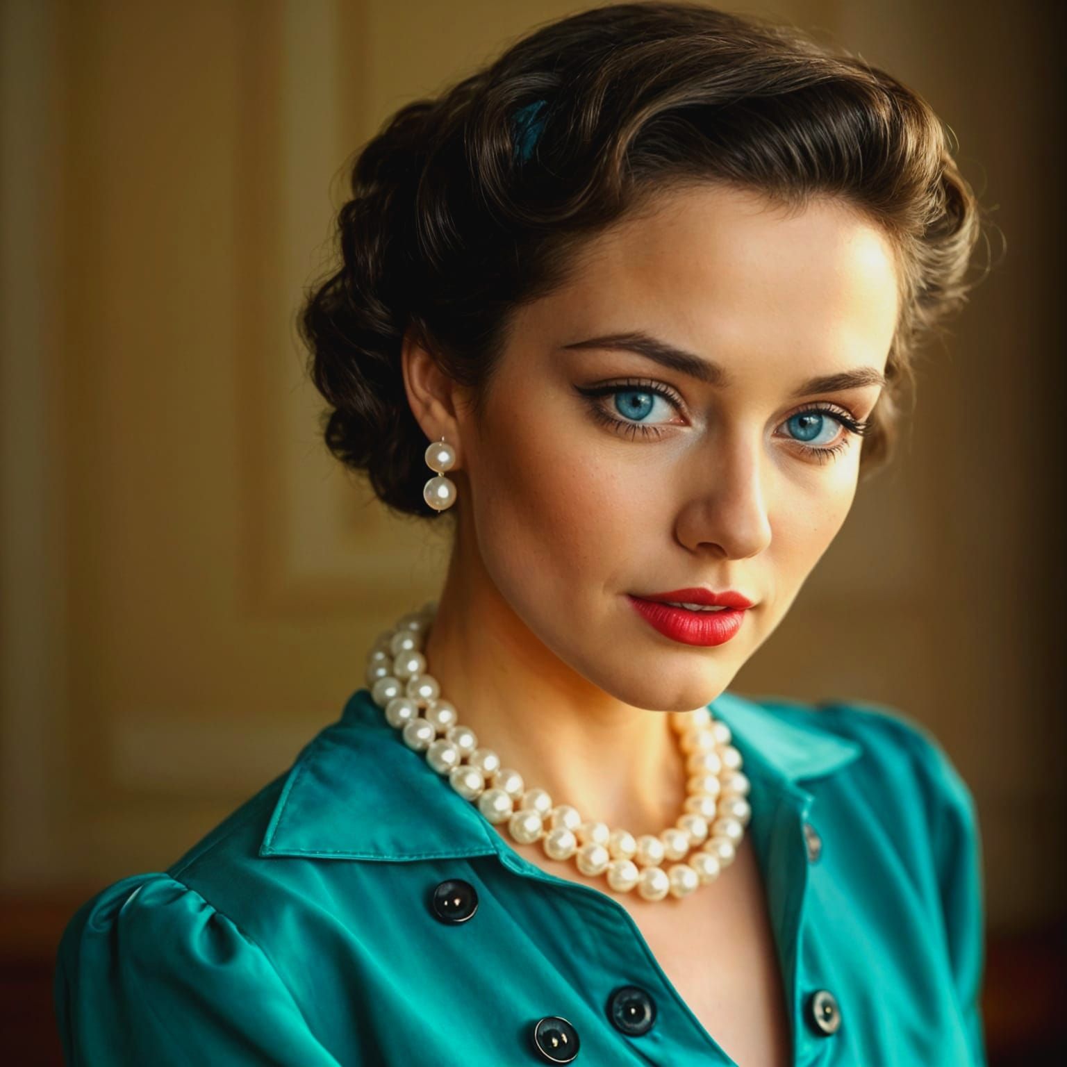 Vintage Woman in Teal Blouse with Pearl Jewelry