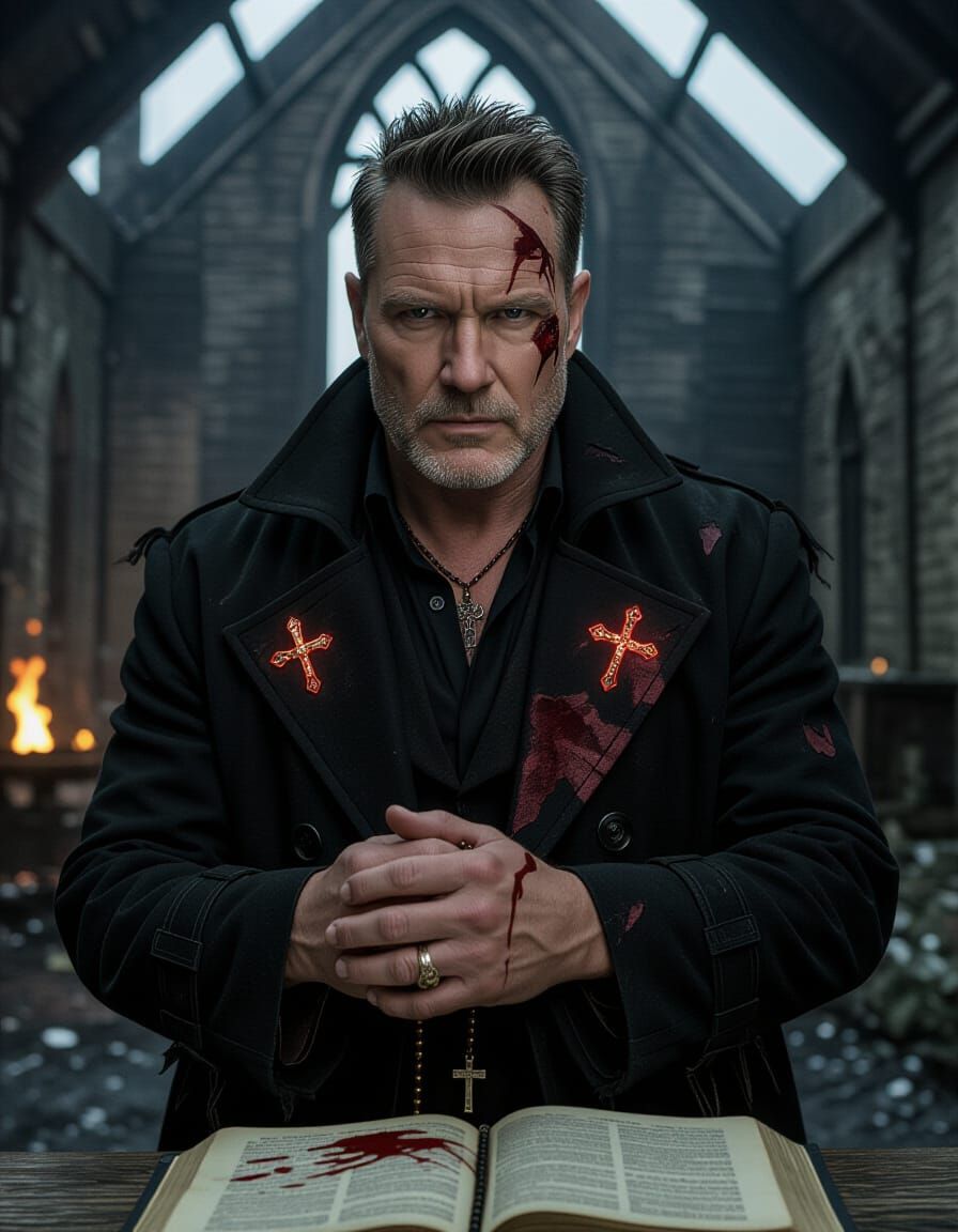 Dark Fantasy Western Man Portrait, Ruined Chapel Background