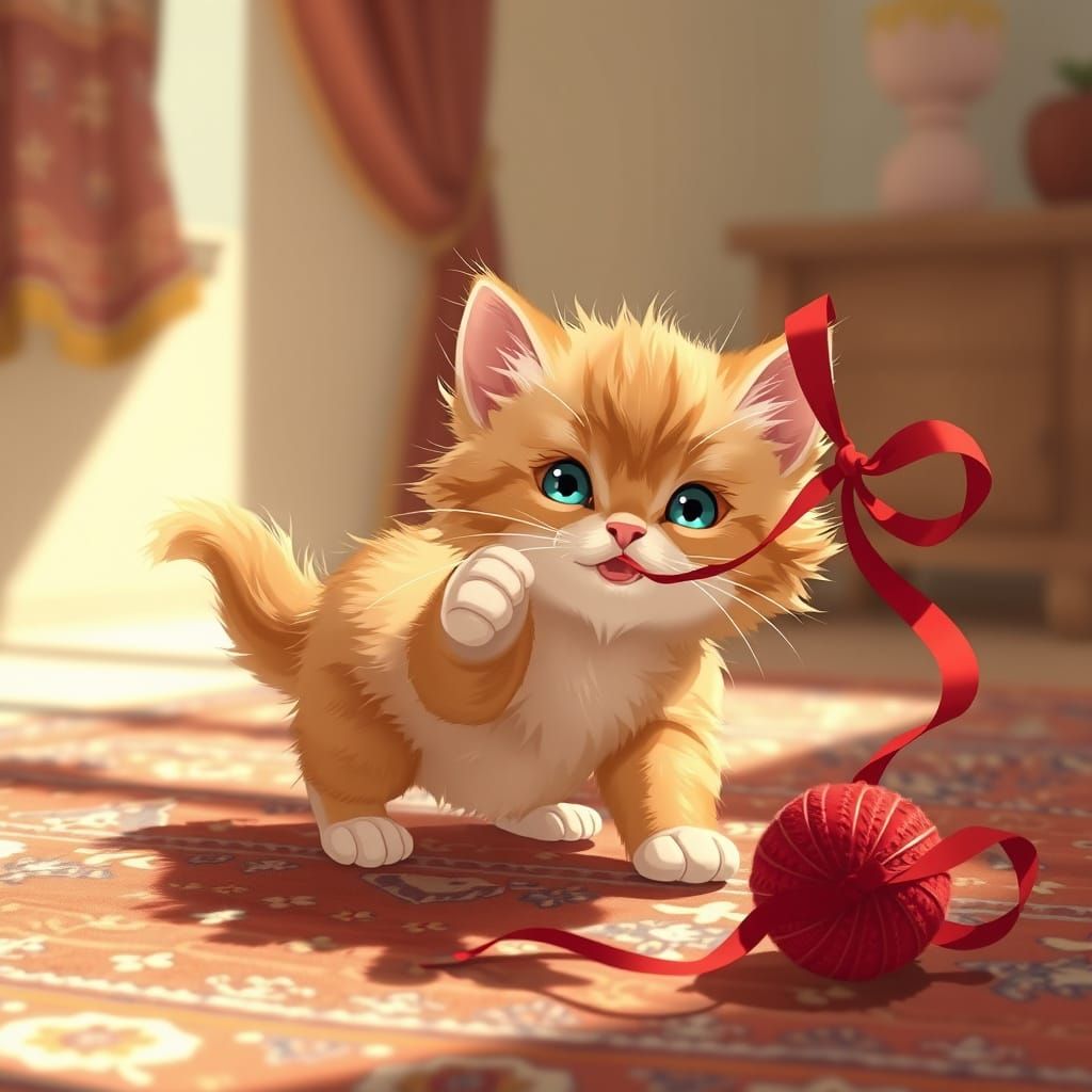 Adorable Ginger Kitten Plays with Ribbon Ball in Ghibli Styl...