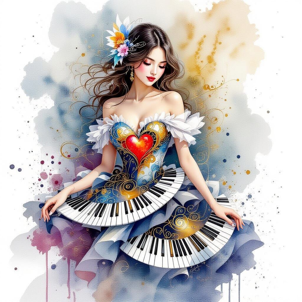 Watercolor Figure in Gold and Ink, Expressive Art