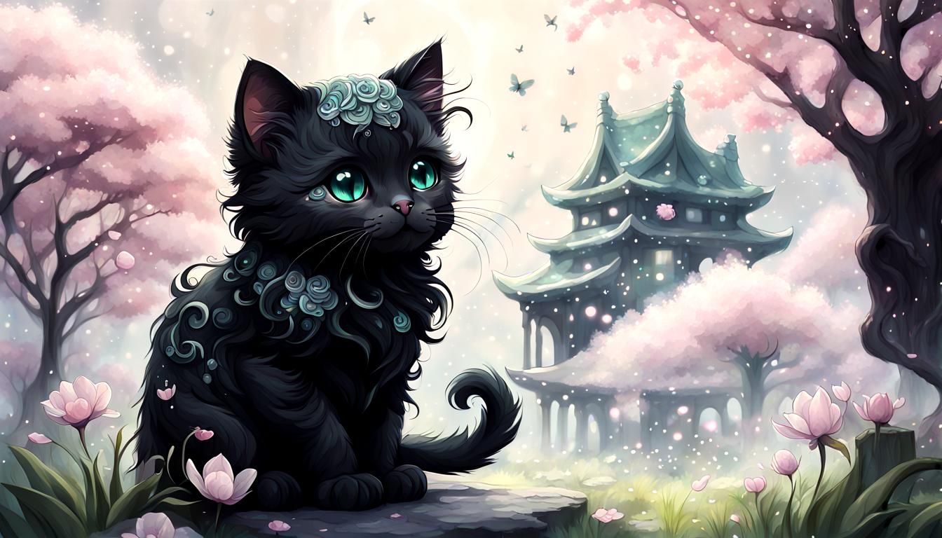 Black chibi cat, spring scene, ethereal fantasy hyperdetailed mist