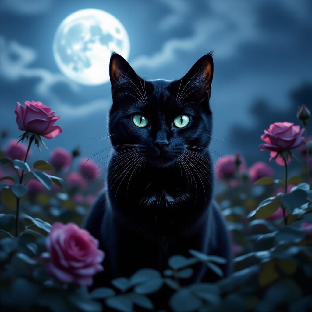 Black Cat Amidst Wilting Roses Under Full Moon