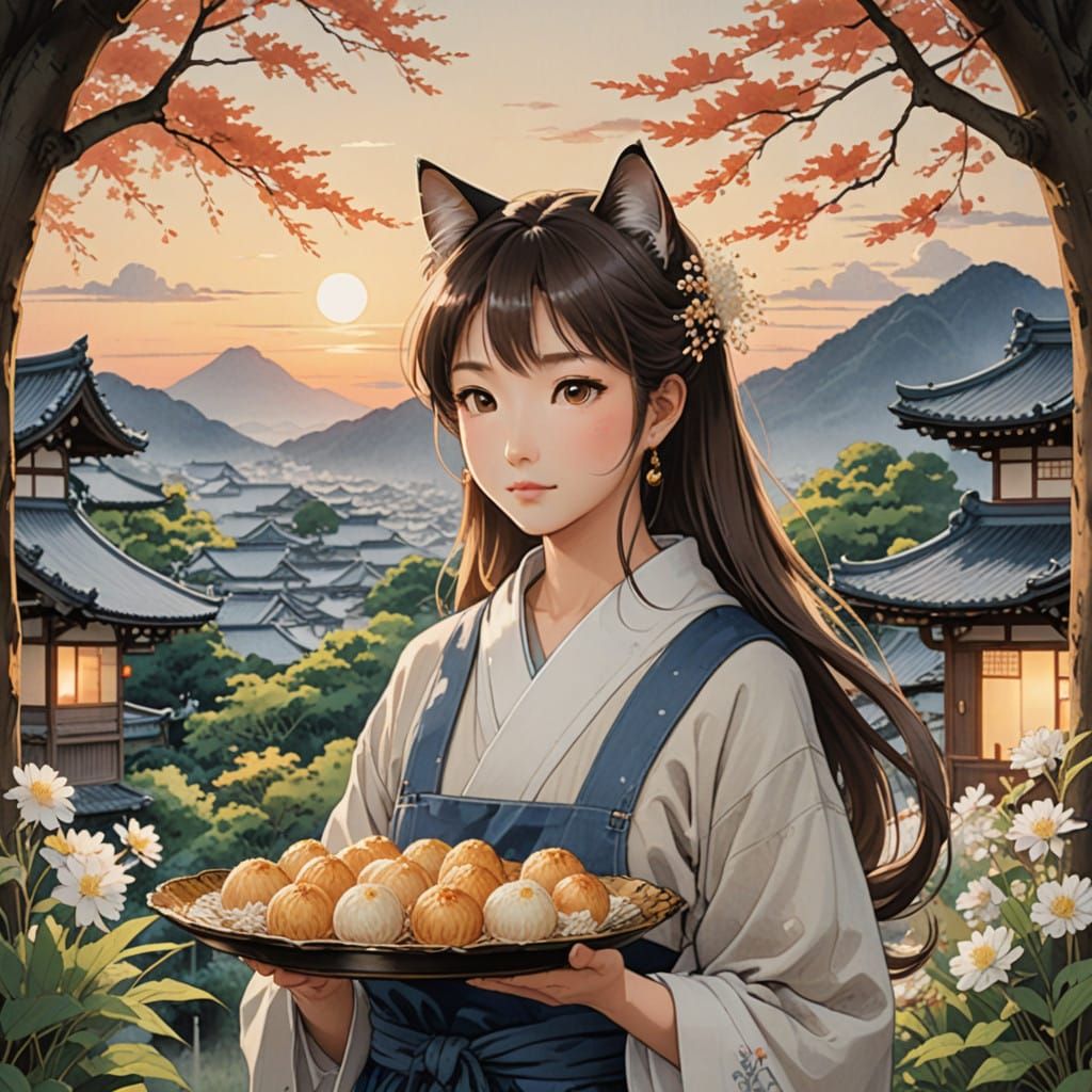 Anthropomorphic Cat and Young Woman in Whimsical Japanese Sc...