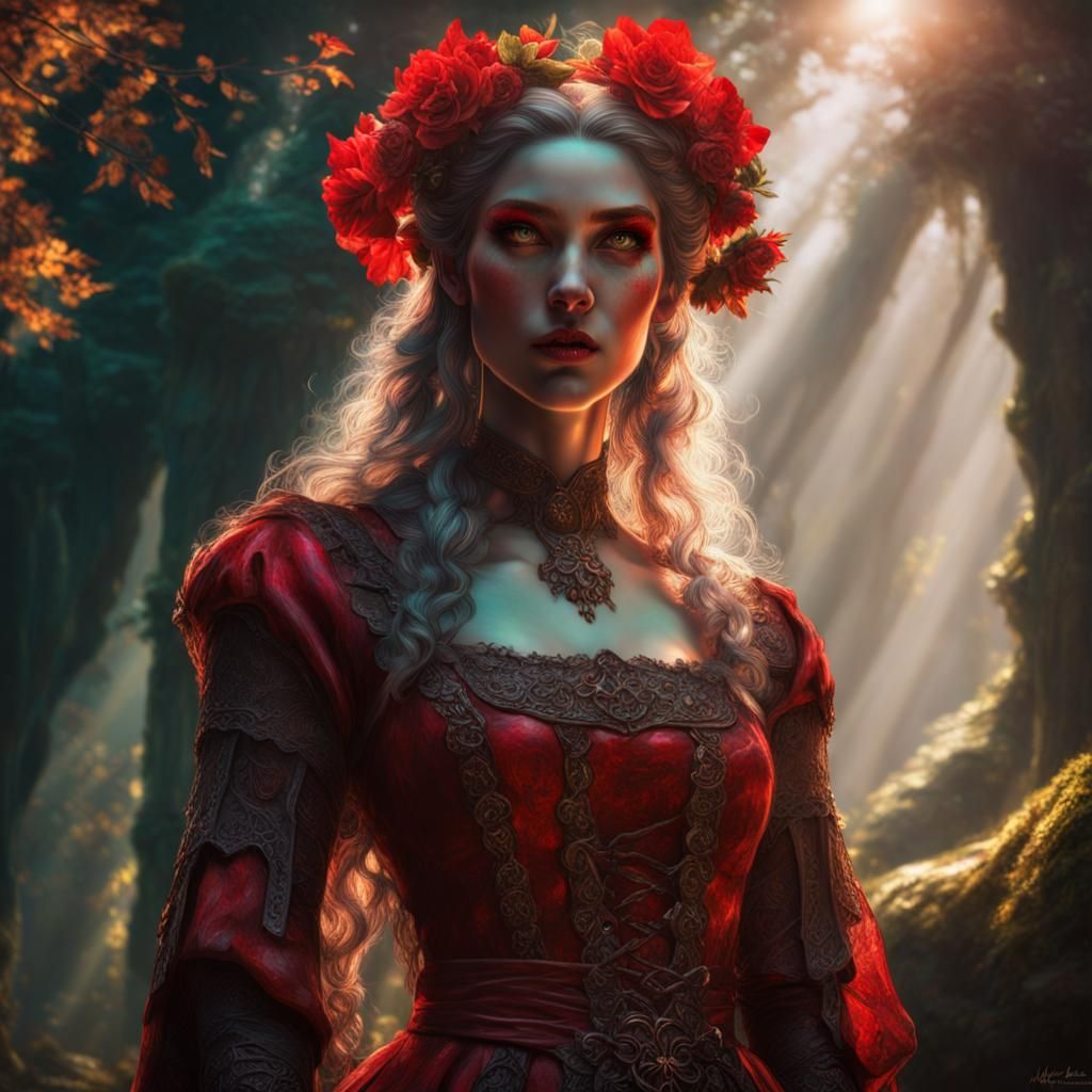 Elf Maiden in Glass Dress with Red Flower Background