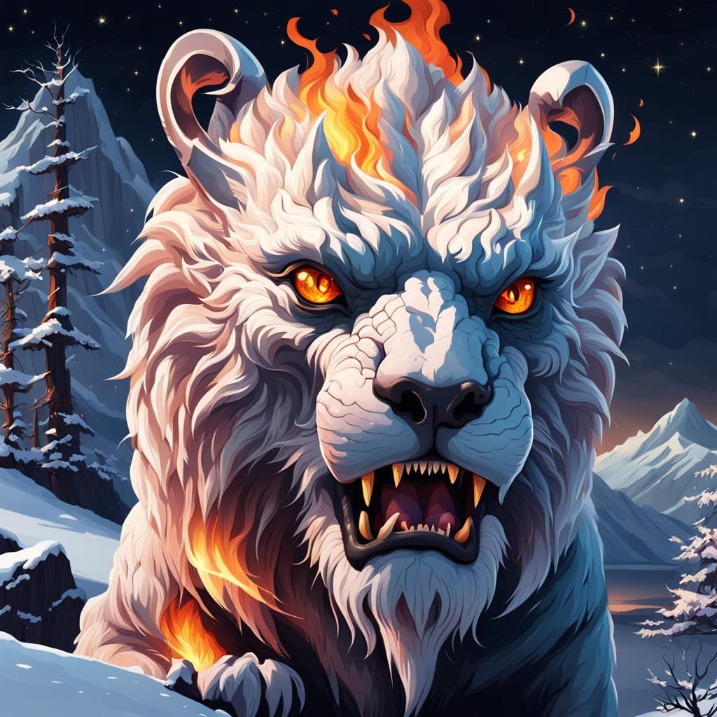 Mythical Manticore, fire body, crystal reflection, background night snow mountain