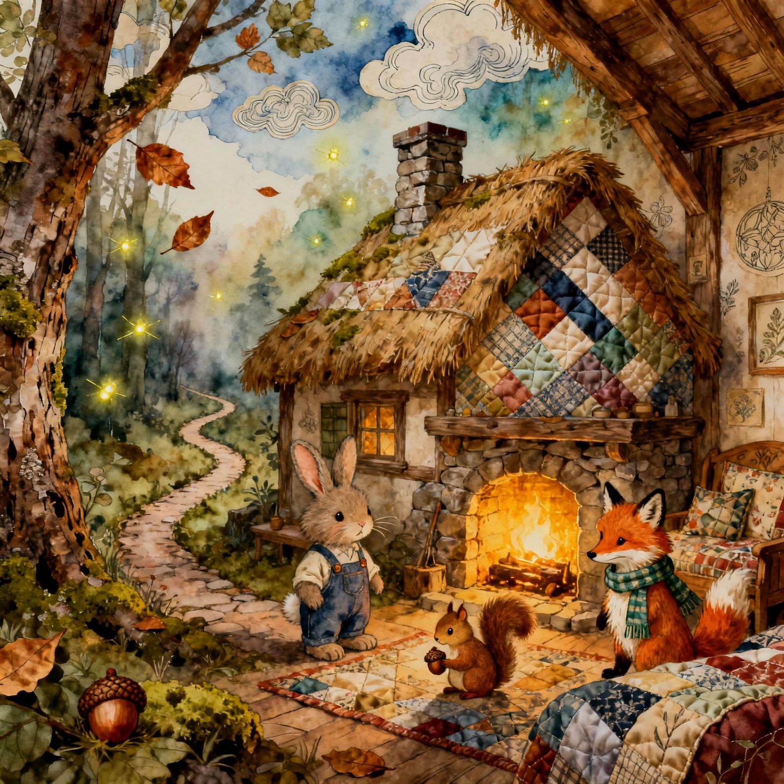 Whimsical Cottage with Fluffy Animals in Detailed Collage St...