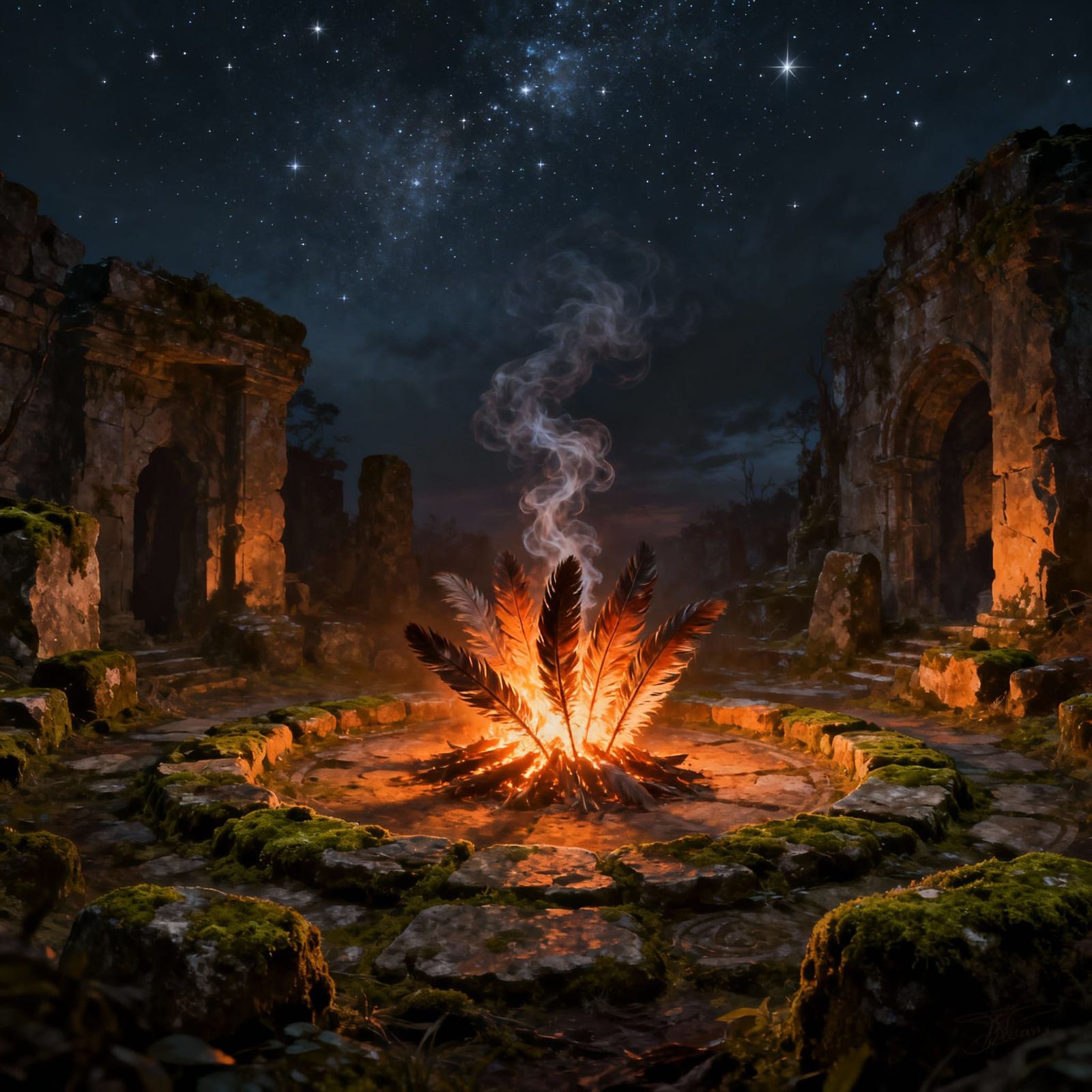 Mystical Portal of Burning Feathers in Ancient Ruins