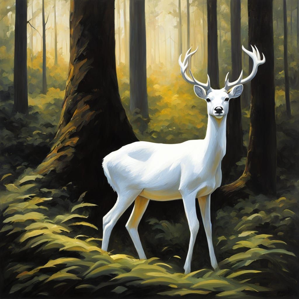 Cartoon White Deer in Forest Chiaroscuro Oil Painting