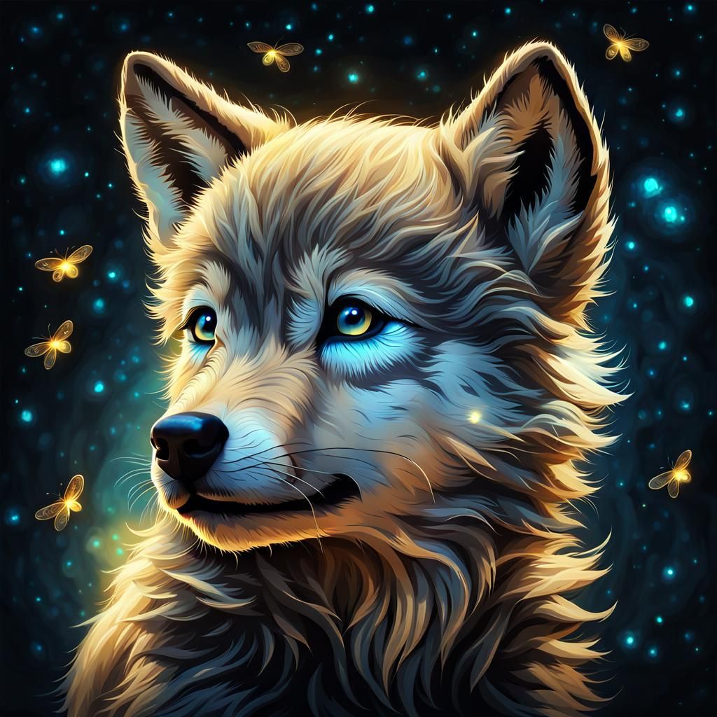 Wolf Cub Shimmers with Fireflies: Digital Art