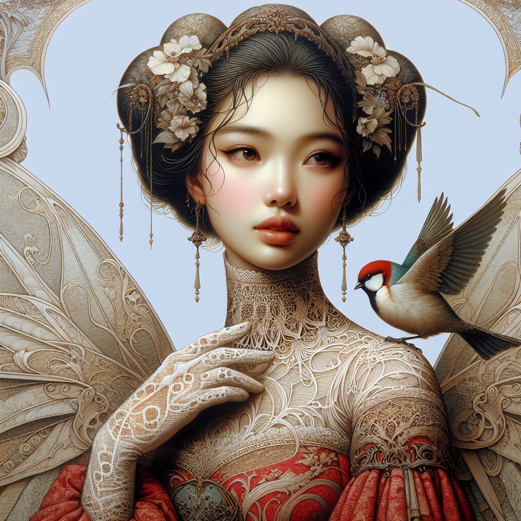 Beautiful Young Woman with a Bird