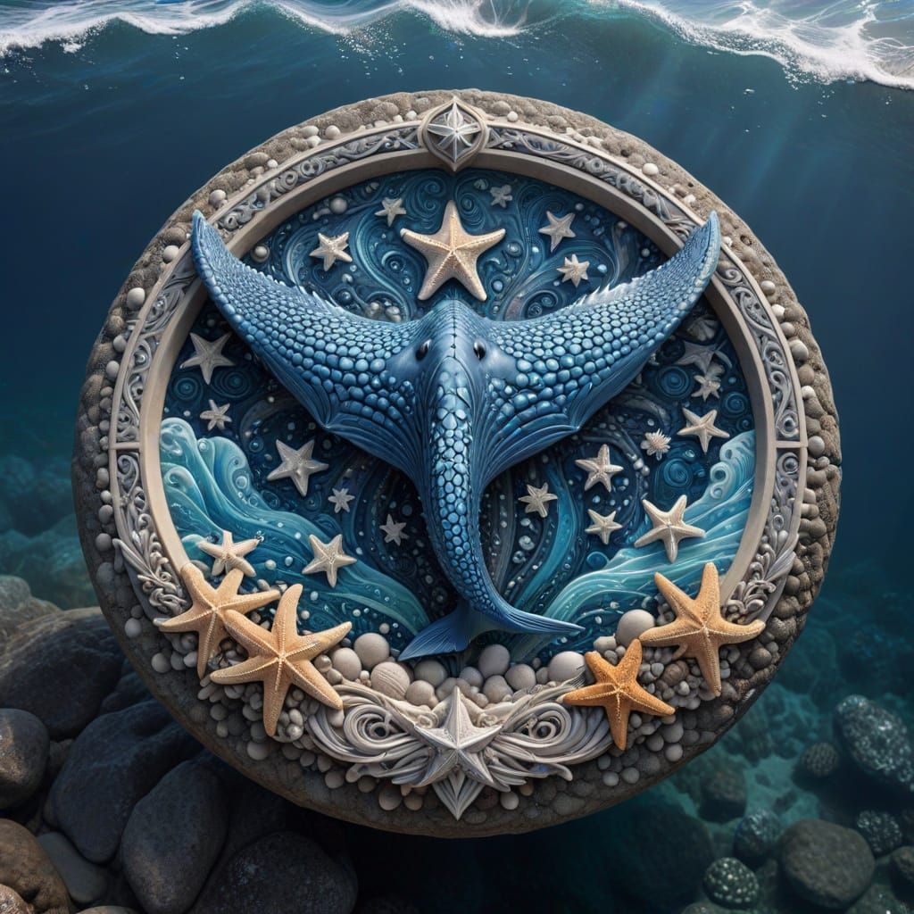 Regal Blue Whale Coat of Arms on Ocean Rock