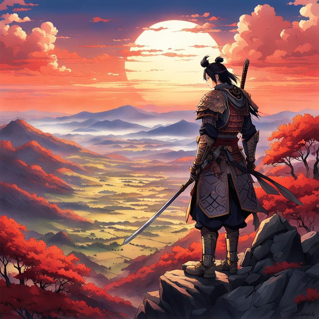Anime Character at Sunset in Dramatic Landscape