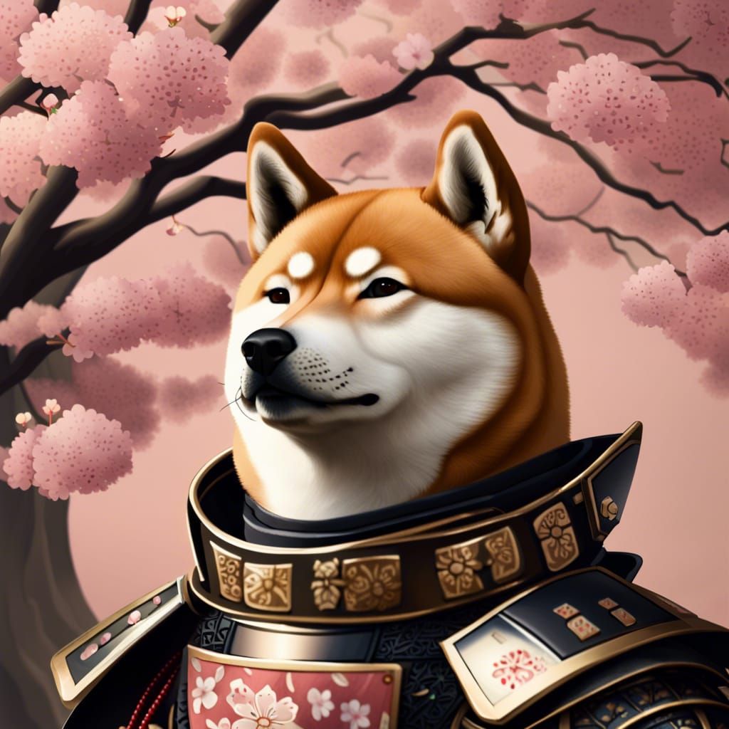 Samurai Shiba Inu in Cherry Blossom Garden