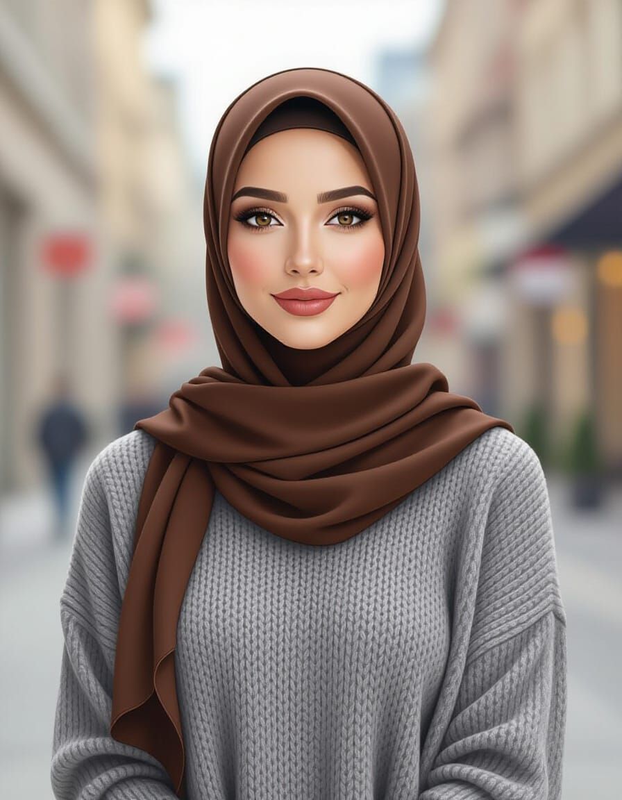 Elegant Hijabi Woman in Modern City Oil Painting