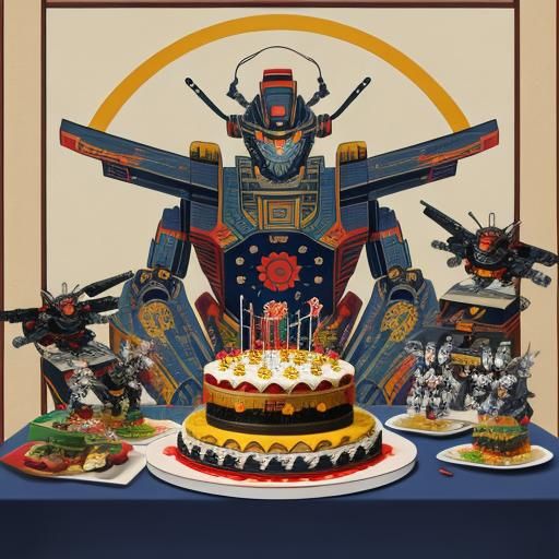 Mecha-Robot Birthday in Ancient Japanese Nihonga Style