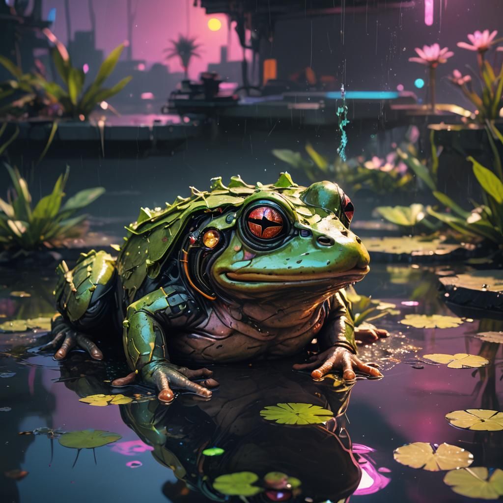 Cyberpunk Mutant Frog Spitting Acid in Neon Pond