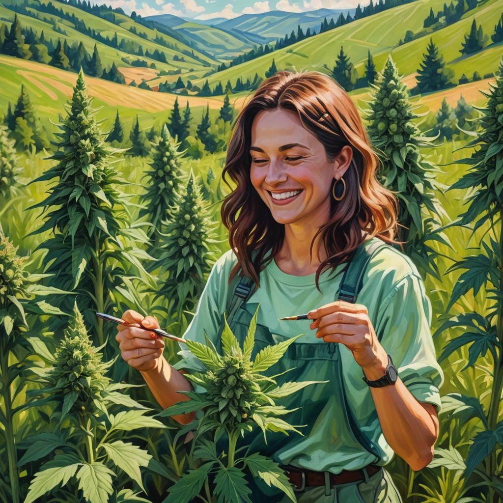 Woman Inspecting Cannabis Buds as Impressionist Oil Painting