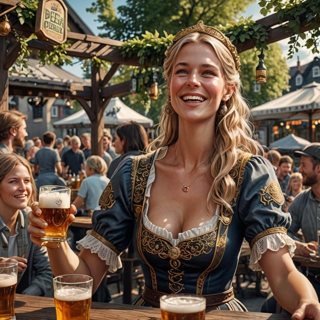 Cozy 3D Beer Garden with Scandinavian Woman