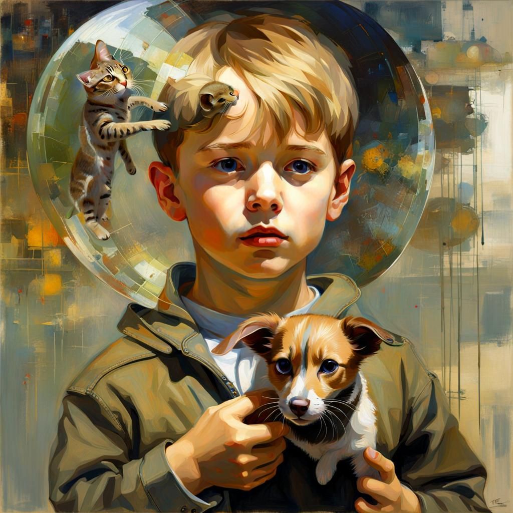 Boy and Pet Double Exposure Watercolor