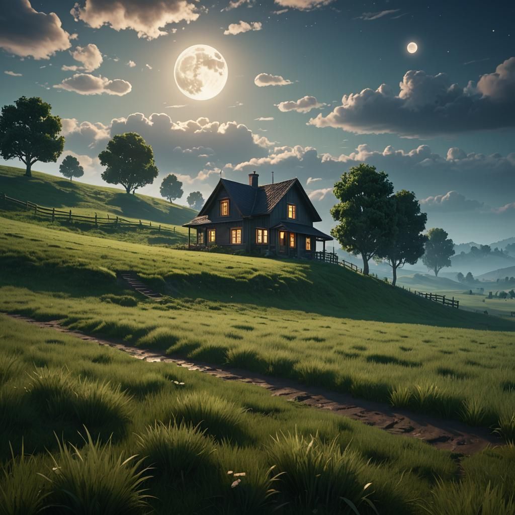 Moonlit House in Field: 3D Game Environment