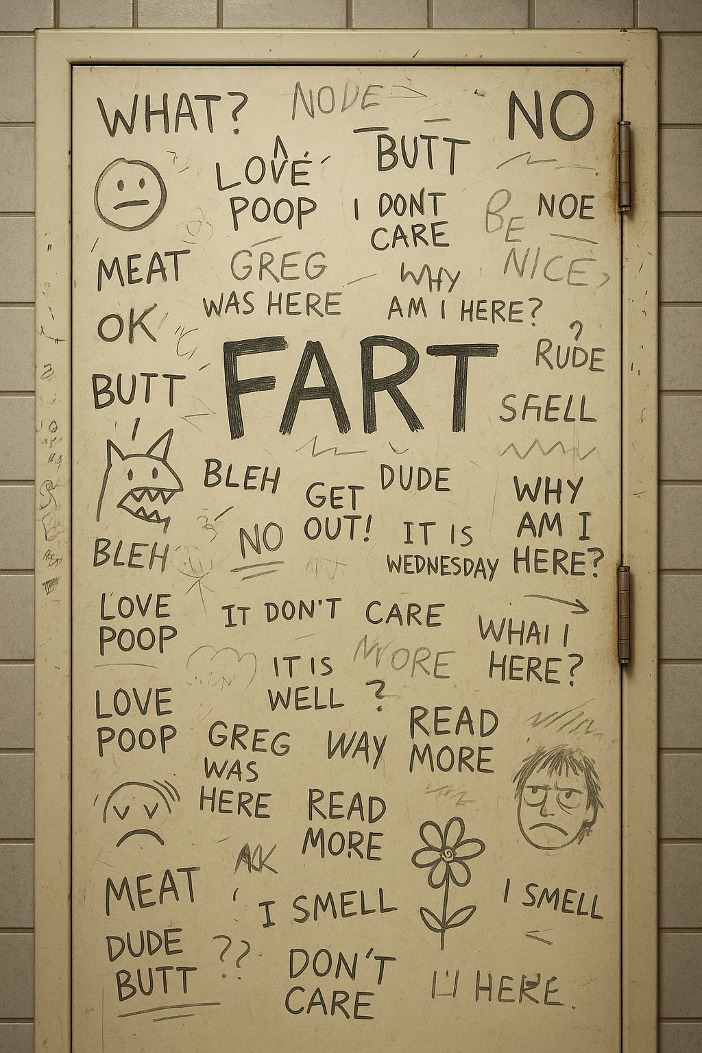 Vandalized Bathroom Door with Graffiti