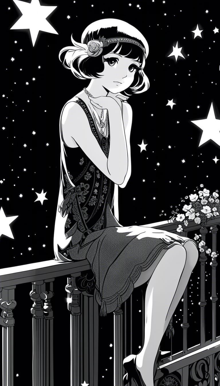 Flapper Girl on Railing Under Starry Night in Anime Style