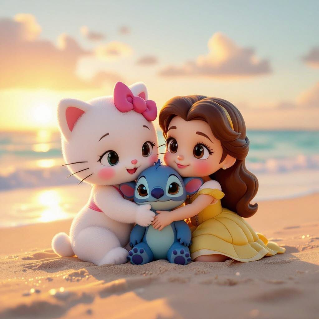 Cute Baby Hello Kitty, Stitch, and Belle Hugging at Sunset B...