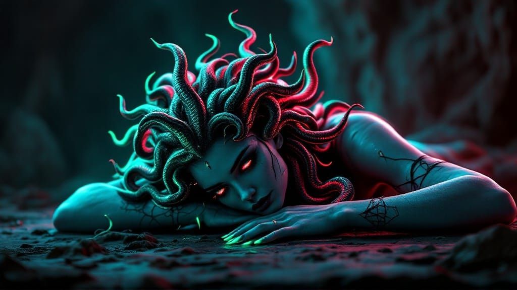 Medusa in Neon Hues, Ancient Mystique, and Unreal Engine 5 A...