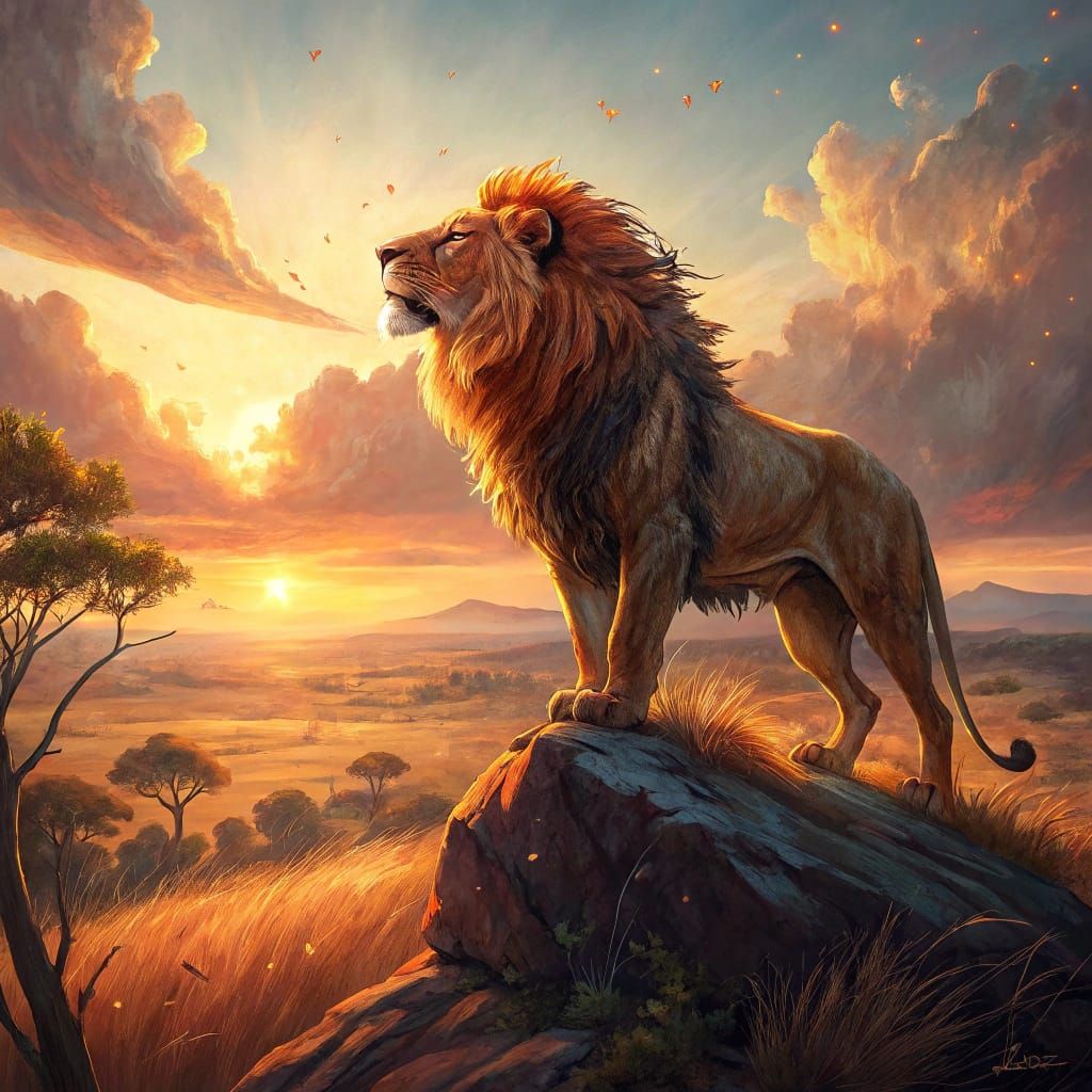 Surreal Lion in Hyperrealistic Sunset Landscape