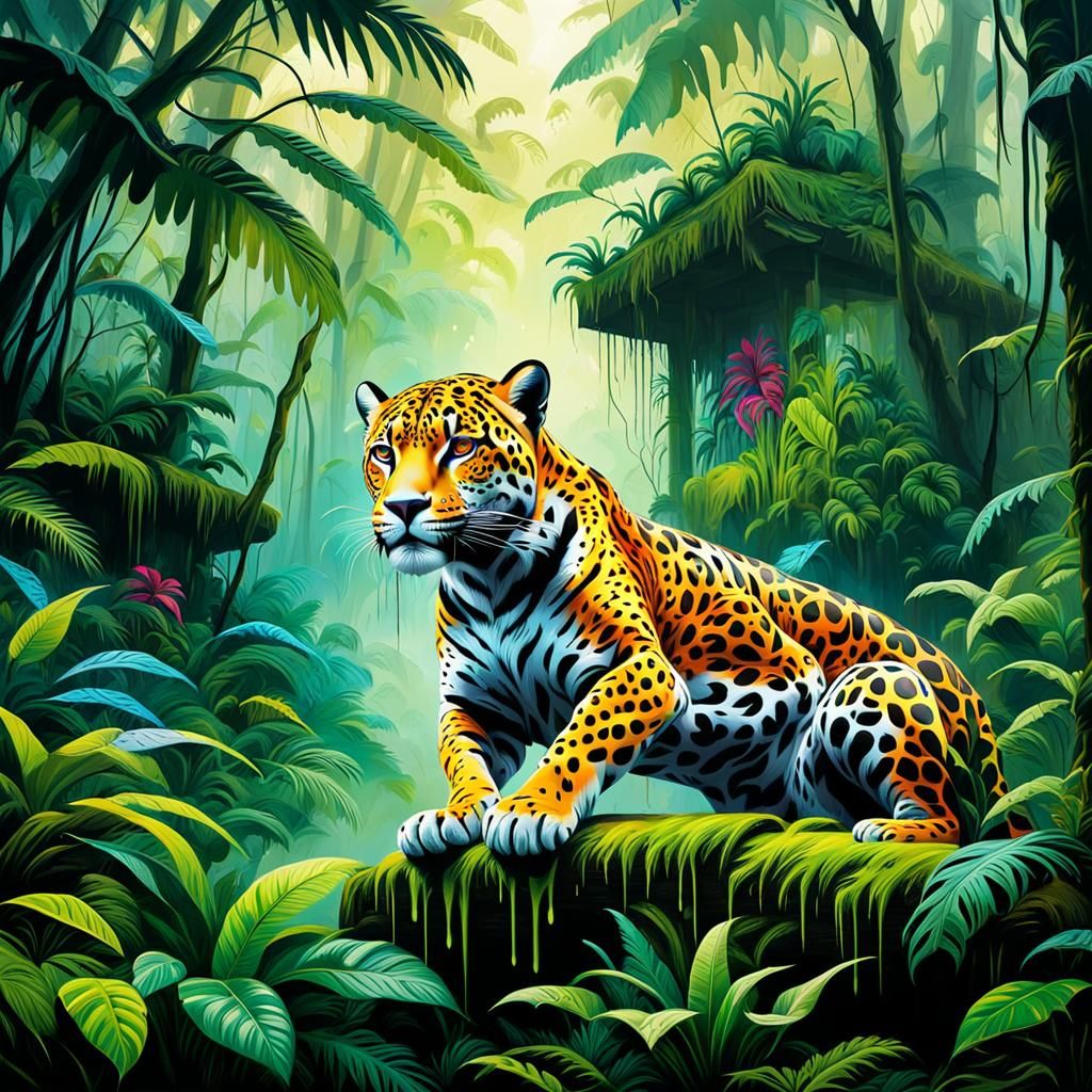 Polychromatic Jaguar in Misty Rainforest Graffiti Art