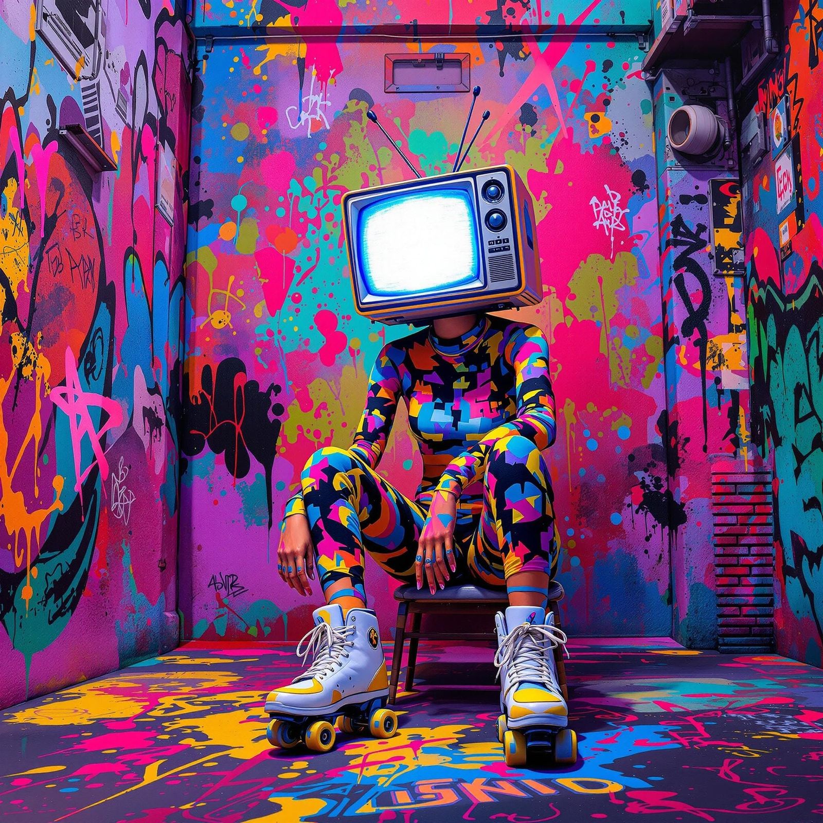 Retro Workout Goddess in Neon Graffiti Dreamscape