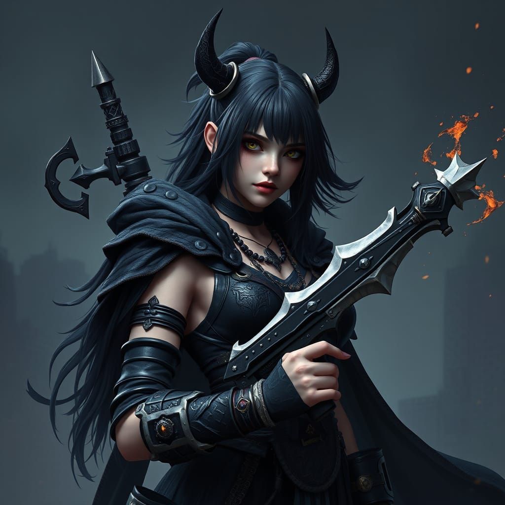 Dark Fantasy Warrior in Black Attire with Intricate Details