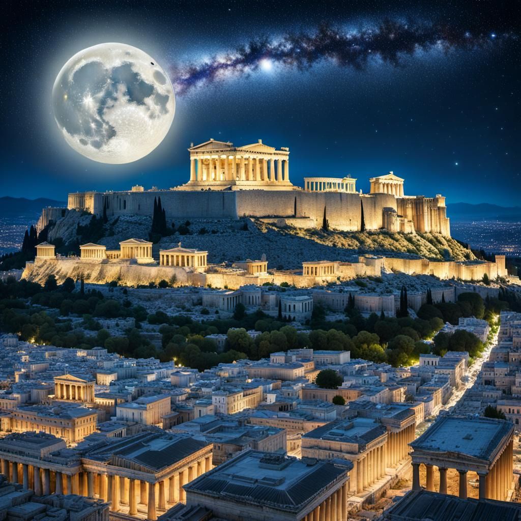 Moonlit Acropolis and Parthenon in Starry Night