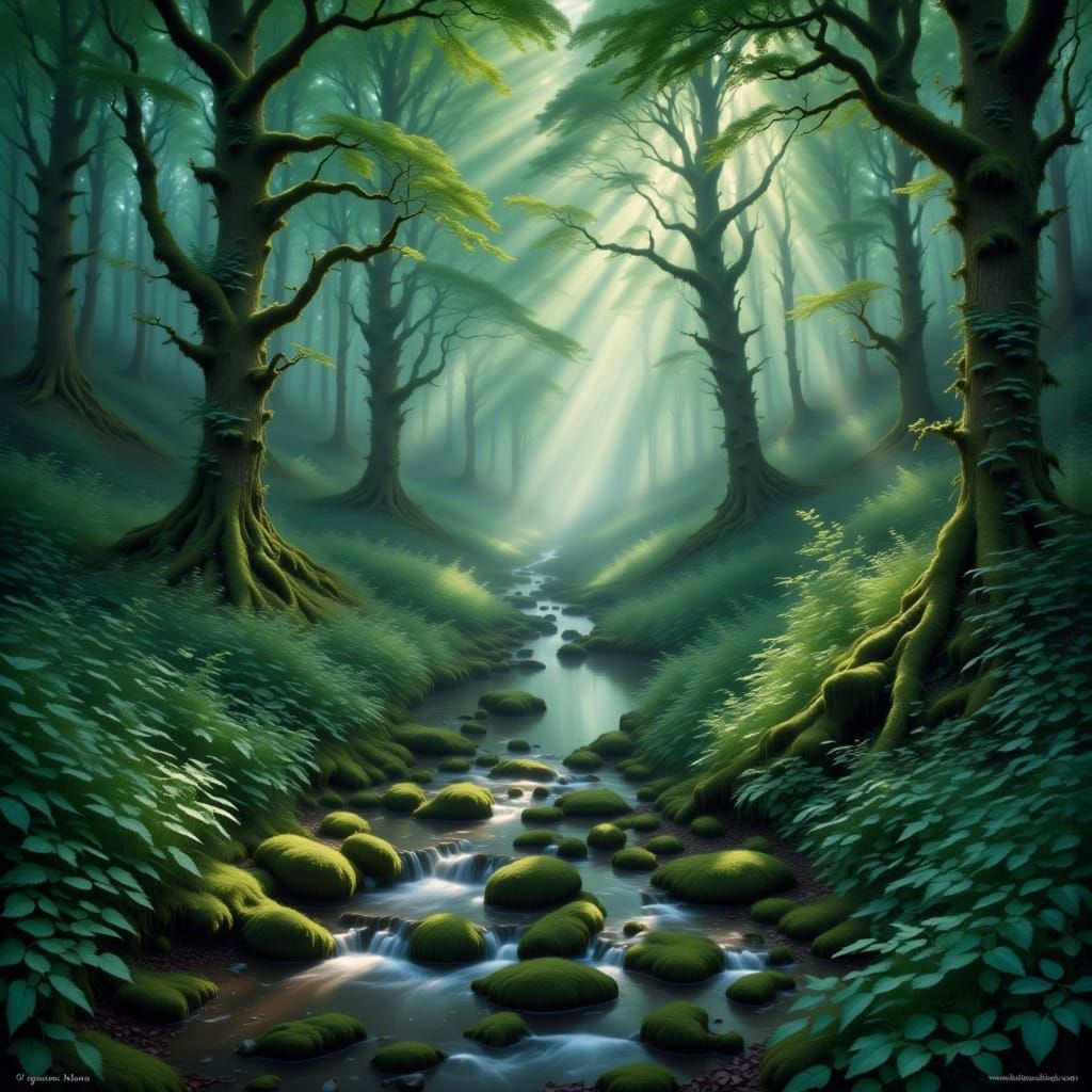 Misty Forest Clearing with Gentle Stream