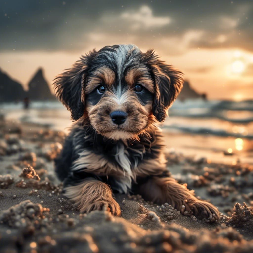 Hyperrealistic Puppies Enjoying a Day at the Beach