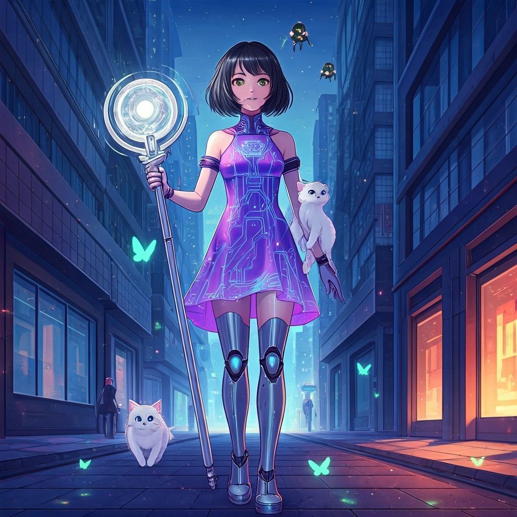 Cyberpunk Manga Girl with Kitten in Futuristic City